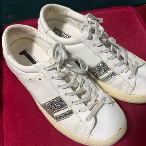 Golden Goose White Leather Sneakers with Silver Glitter Stripes